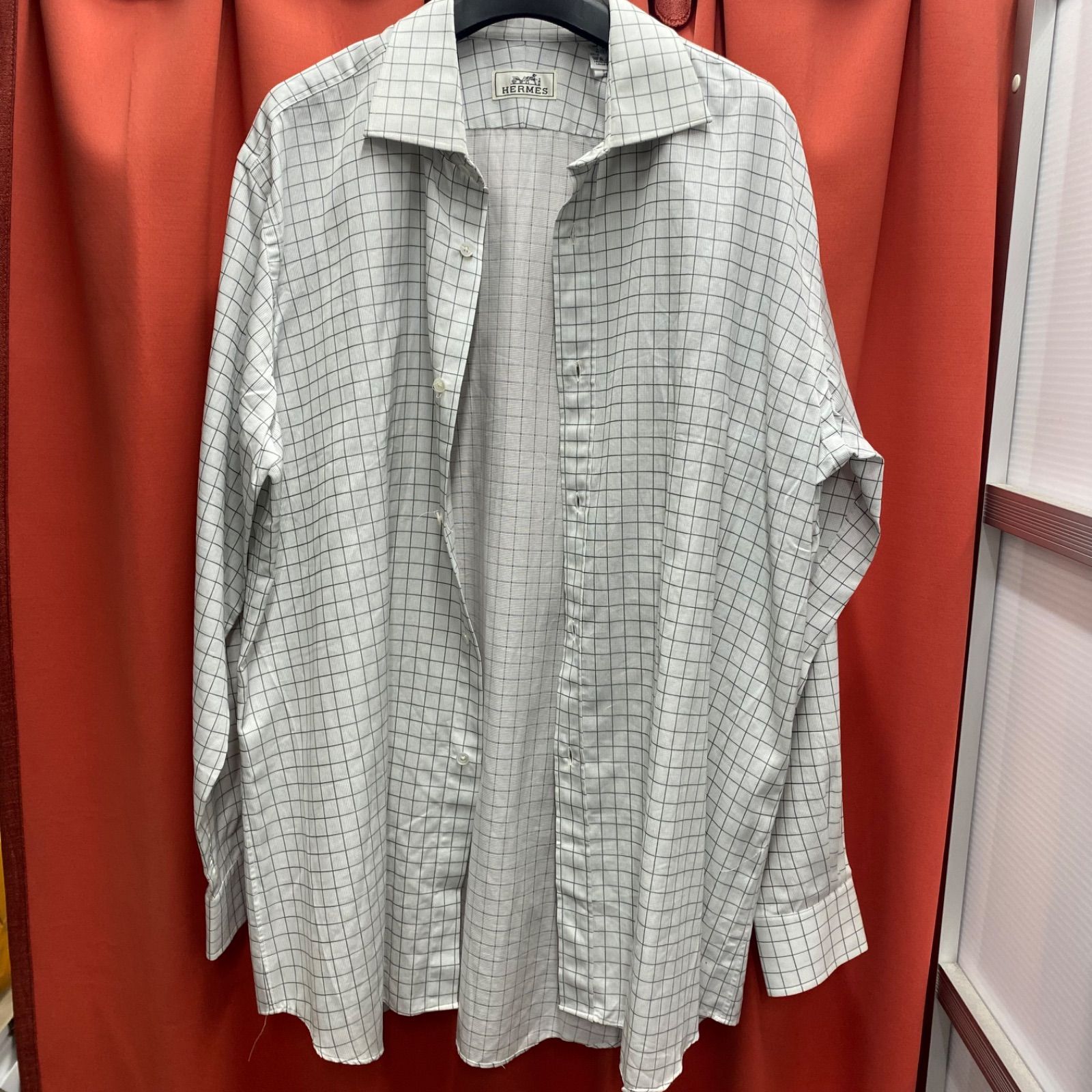 HERMES エルメス シャツ 長袖 市松 白 ホワイト 系 フランス製 XL 