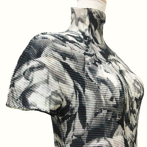 ミーイッセイミヤケ me ISSEY MIYAKE カットソー プリーツ ハイネック 半袖 プルオーバー 総柄 グレー系 ■GY09 X