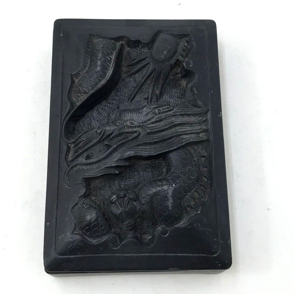 書道 硯 すずり 龍 辰 蓋つき 内部朱色の墨汁あと有り 約11.7×18