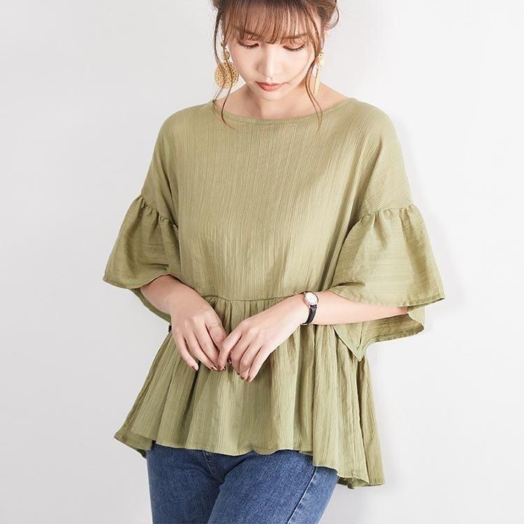 ブラウス レディース 春夏 オシャレブラウス 韓国風 半袖シャツ フレア袖トップス 薄手 ゆったり 体型カバー  通勤OL cx135-1.jpg