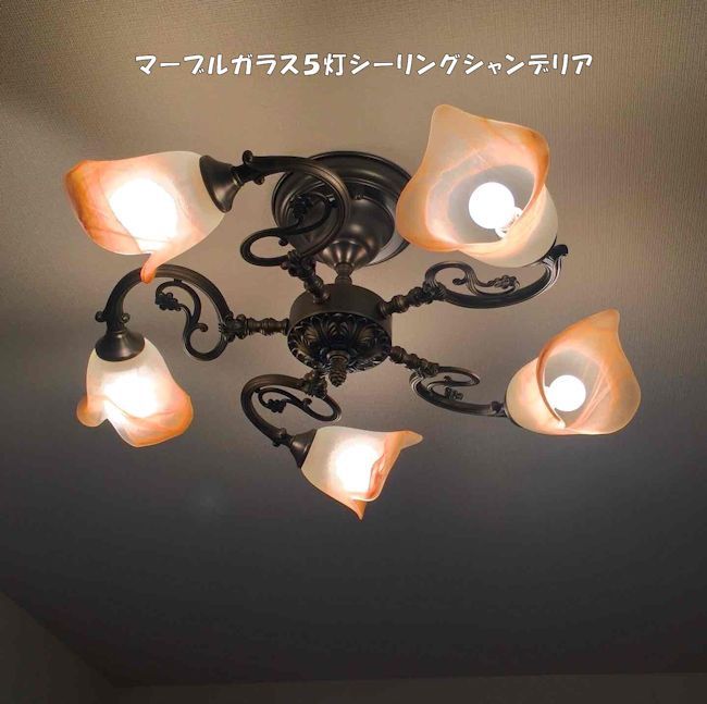 レトロ調マーブルガラス５灯シーリングシャンデリア 天井照明 シーリングライト 1315