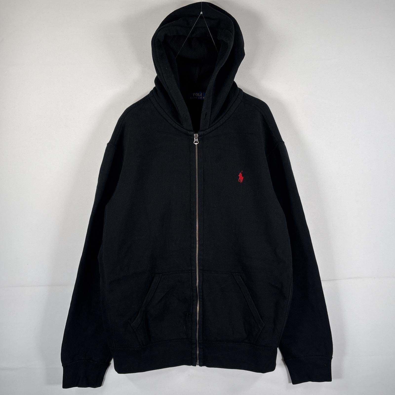 古着 ポロ・ラルフローレン POLO RALPH LAUREN パーカー リバースウィーブタイプ フルジップ ワンポイント刺繍ロゴ XL  ブラック メンズ