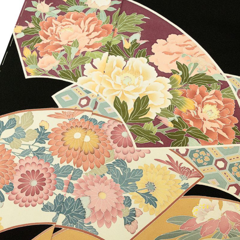 京加賀友禅黒留袖 伝統工芸士柳槁昭作手描加賀五彩染四季花扇面文