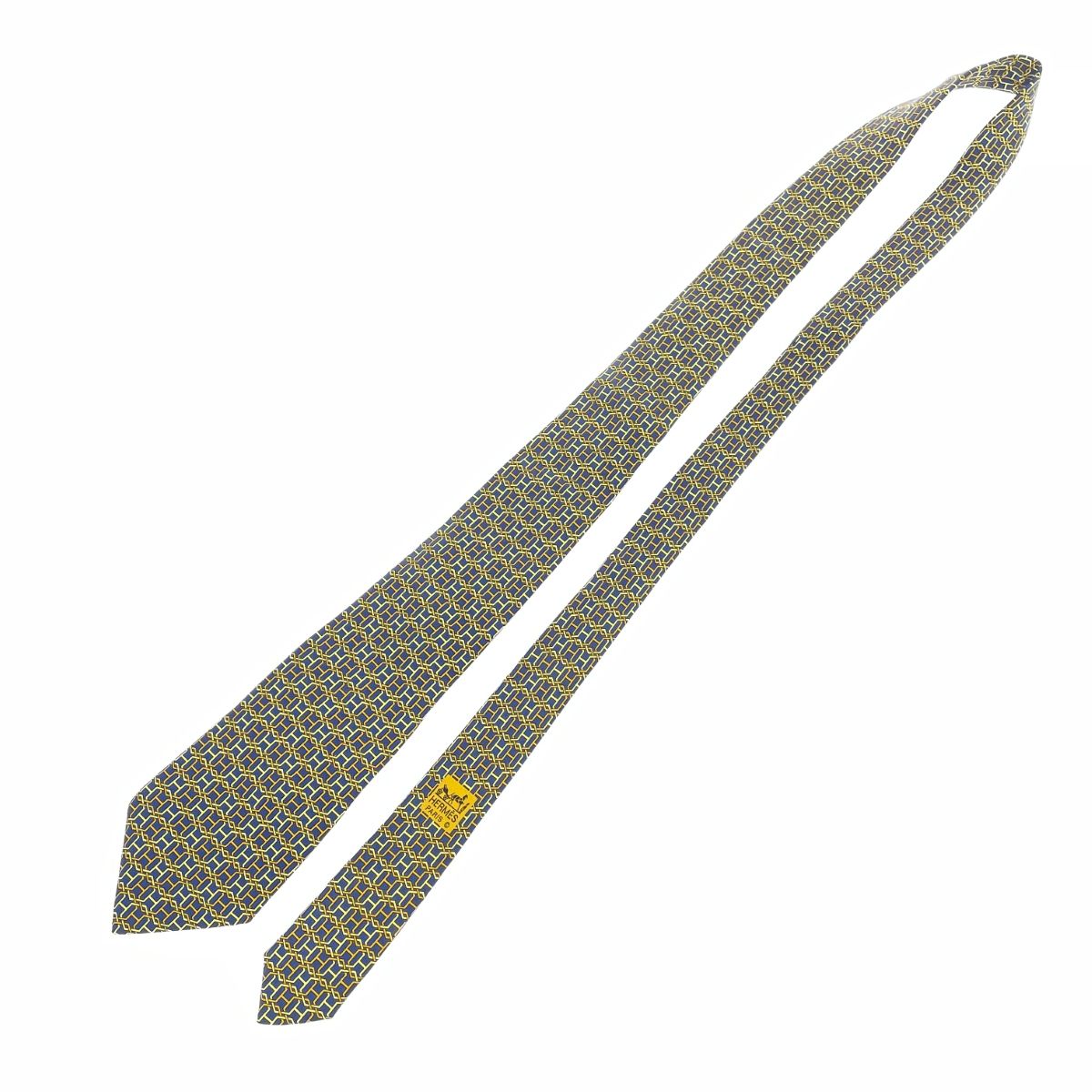 HERMES シルクネクタイ ネイビー 7569SA HERMES エルメス ネクタイ 7569SA ネイビー×マスタード Hロゴ柄 シルク