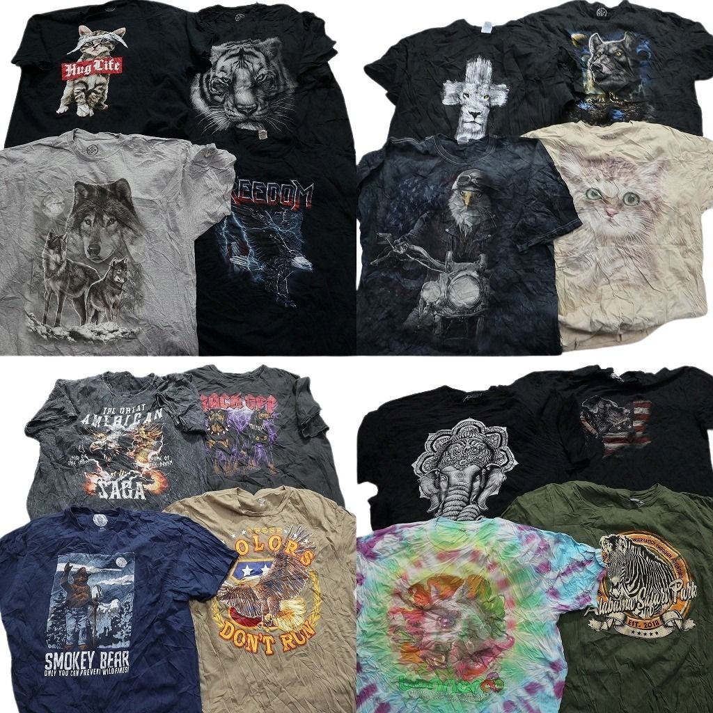 古着卸 まとめ売り アニマル 動物 半袖Tシャツ 16枚セット (メンズ 2XL ) 大判プリント シマウマ ネコ 犬 タイダイ柄  古着 MZ1878