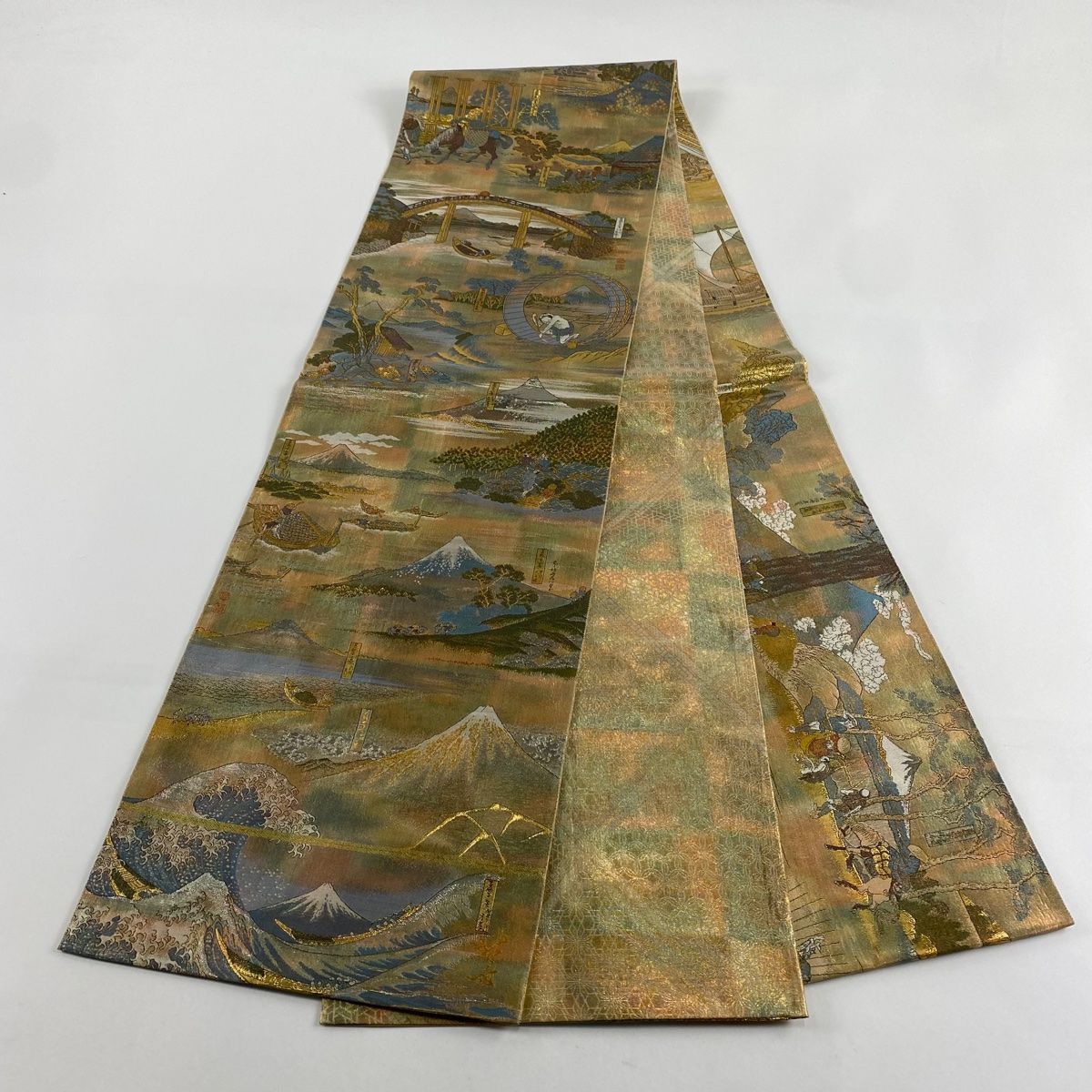 バイセル◇着物 名品 袋帯 金色 北舟 富獄三十六景 全通