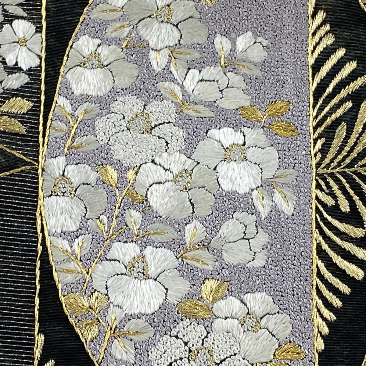 袋帯 草花 波 刺繍 金銀糸 黒 お太鼓柄 正絹 WWW_NOITHATQUANGTHANH_NET
