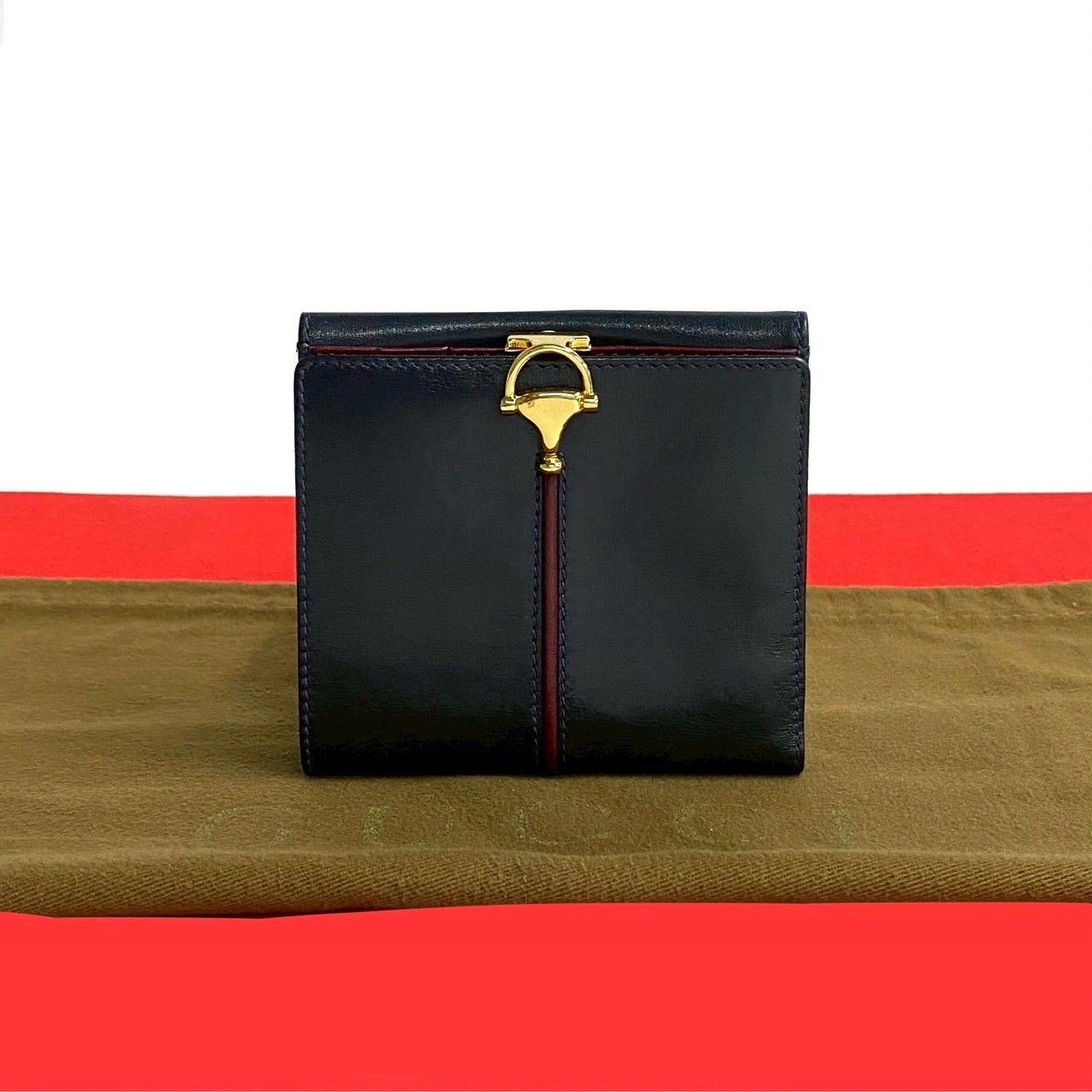GUCCI グッチ グッチ ヴィンテージ ホースビット 金具 レザー 本革 二つ折り 財布 ミニ ウォレット ネイビー 43922