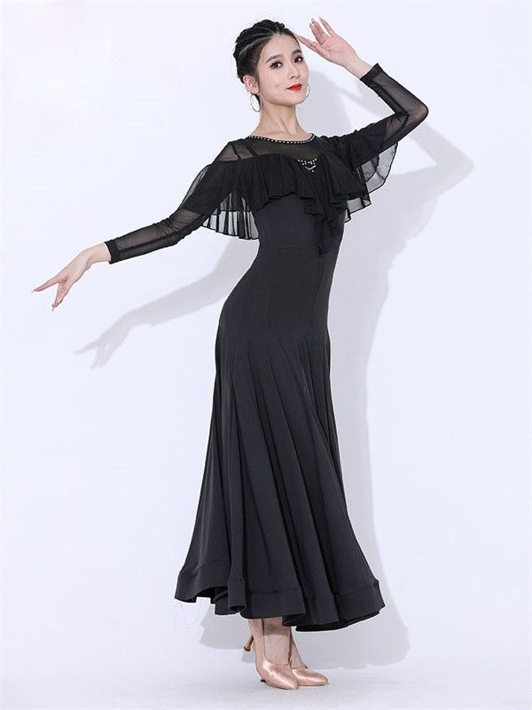 常連の 社交ダンスドレス 社交ダンス モダンドレス 大きいサイズ 長袖 大きい裾 スタンダードドレス ワルツダンス ダンスウェア ステージ衣装 競技会 ダンスパーティー 発表会 競技着 練習着 舞台 演奏会 演出 疑念のない