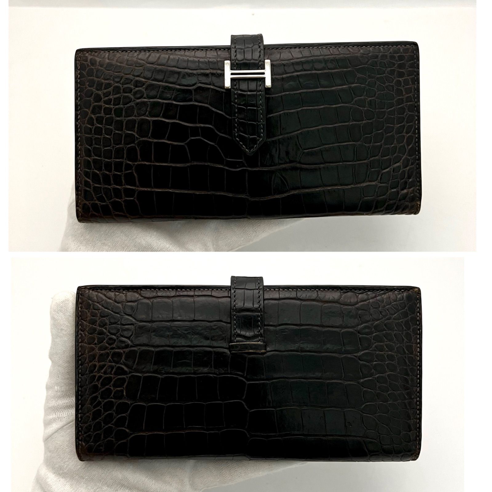 HERMESエルメス ベアンスフレ クロコアリゲーター財布 長財布ダークブラウン