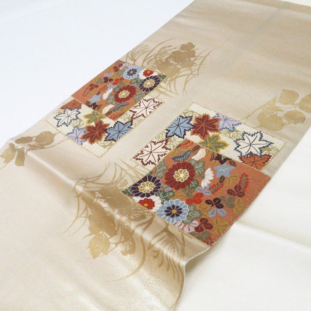 mp137 相良刺繍 正絹 太鼓柄 袋帯 花食い鳥 華紋 中国刺繍 仕立て上り 袋帯 中古 リサイクル 相良刺繍 中国三大刺繍 花の図 七宝 扇面
