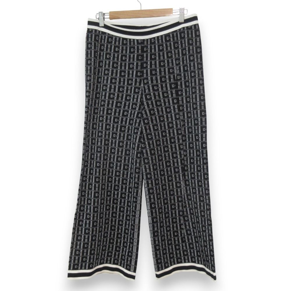 CAROLINA HERRERA キャロライナヘレラ モノグラム ワイドイージーパンツ Mサイズ ブラック×ホワイト レディース 古着