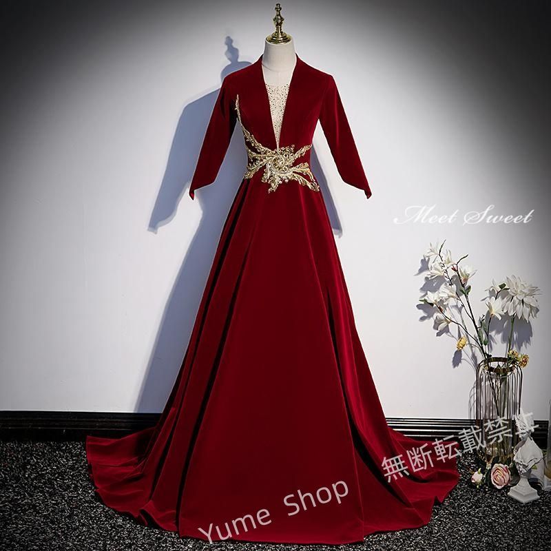ドレス ワインレッド グリーン ブラック 編み上げ ベルベット 大人 ステージドレス ロングドレス 結婚式 二次会 発表会 演奏会 Aラインドレス コンサート nhdw160