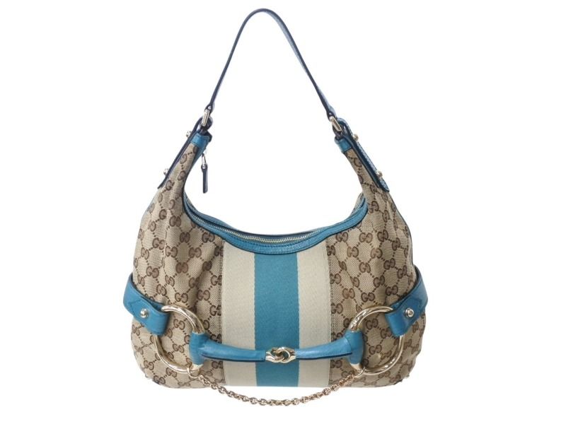 GUCCI グッチ ショルダーバッグ ホースビット 131026 GGキャンバス ベージュ ターコイズブルー ゴールド金具 4b002858