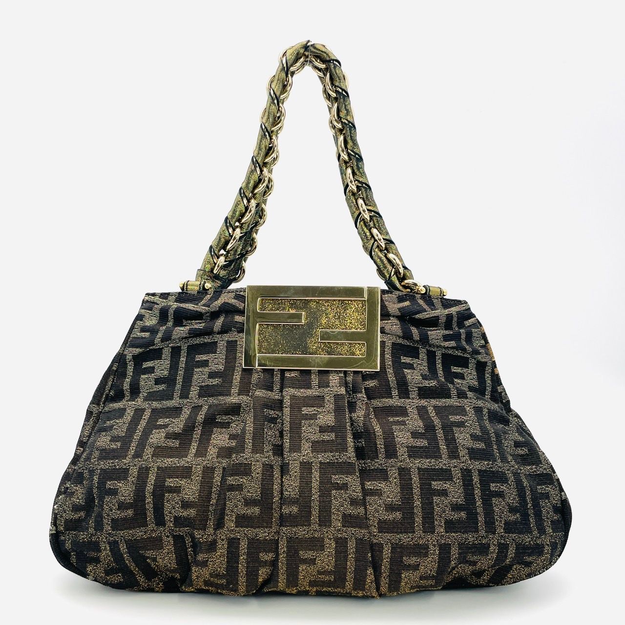 フェンディ FENDI ズッカ柄 ミア チェーン ハンドバッグ ブラウン×ゴールド ショルダーバッグ ナイロン 7-5-151