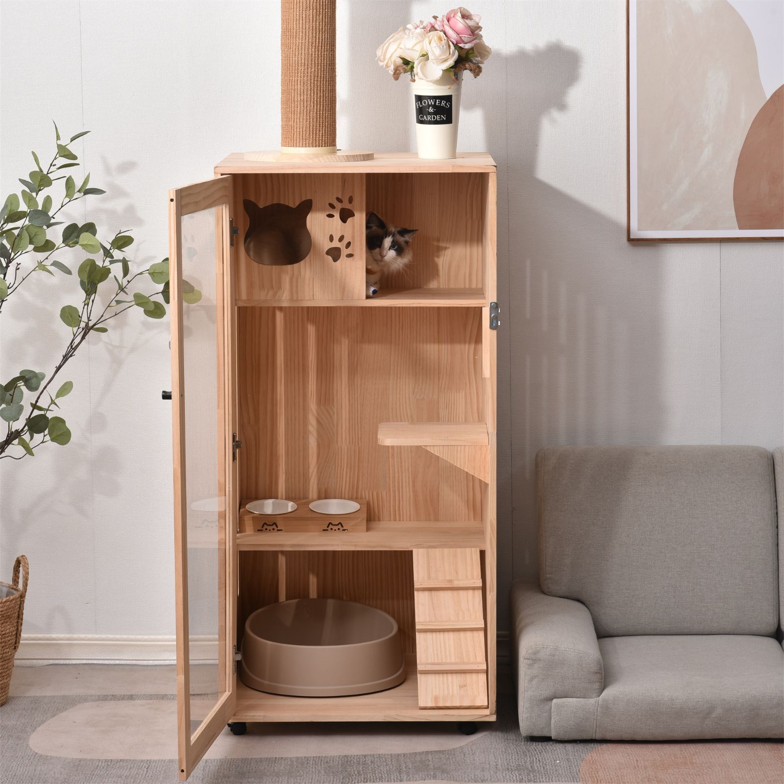 木製 3 段大型猫ケージ｜広々空間｜猫ゲージ キャットハウス｜ デザイン｜多頭飼い可｜脱走防止機能｜TX294089AAA