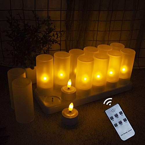 写真影 LEDキャンドルライト-12個の充電式LED点滅ティーライト+12個のつや消しカップ-充電ベース付き、リモートコントロール付き、バッテリー不要、フレームレスキャンドル、のために適し