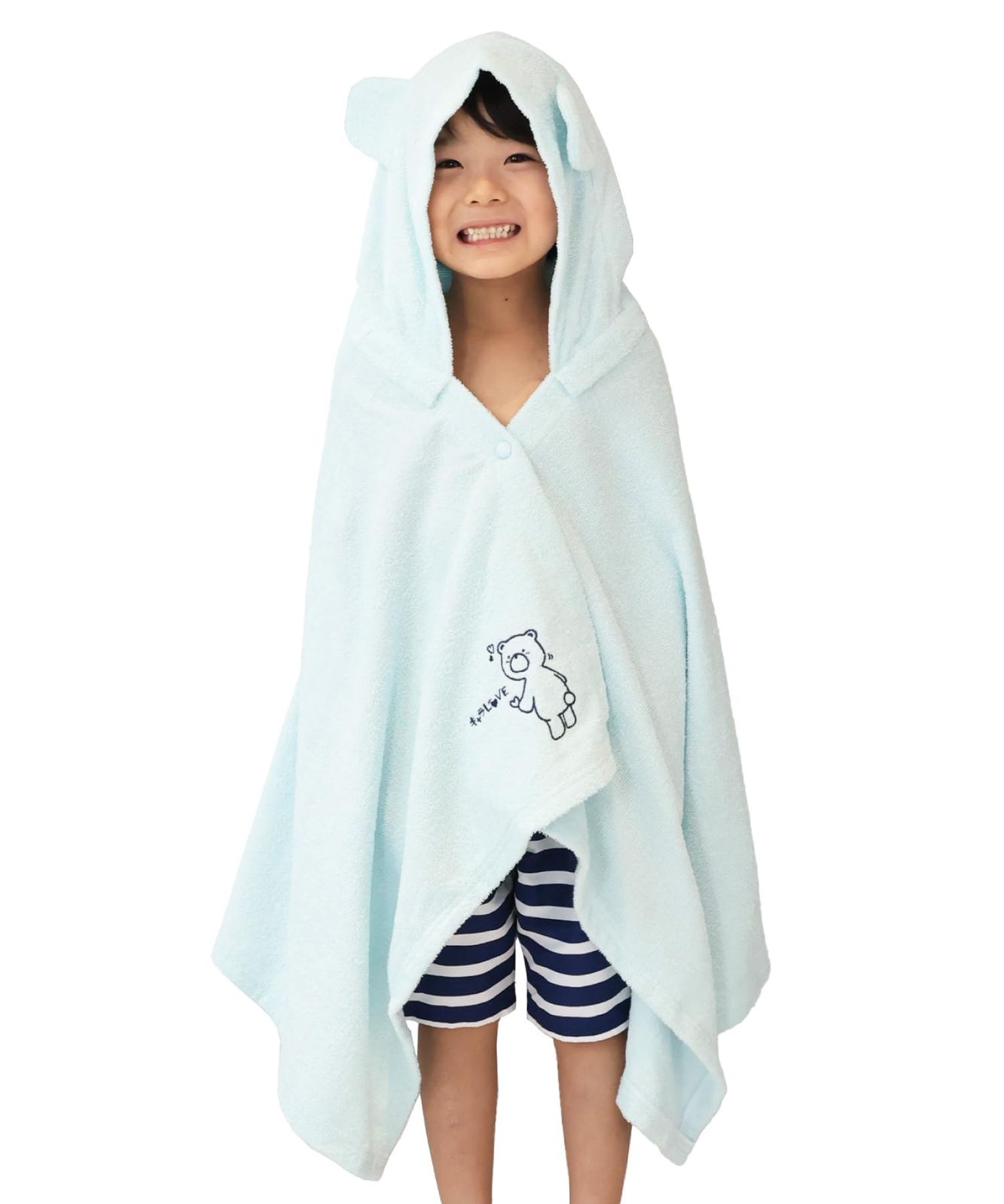 新品 [ニシキ] バスポンチョ ベビーバスローブ クマ耳 おくるみ 子供 キッズ 男女兼用 綿100％ タオル生地 フード付き 刺繍入り 100cm～120cm(ブルーグリーン/72612)