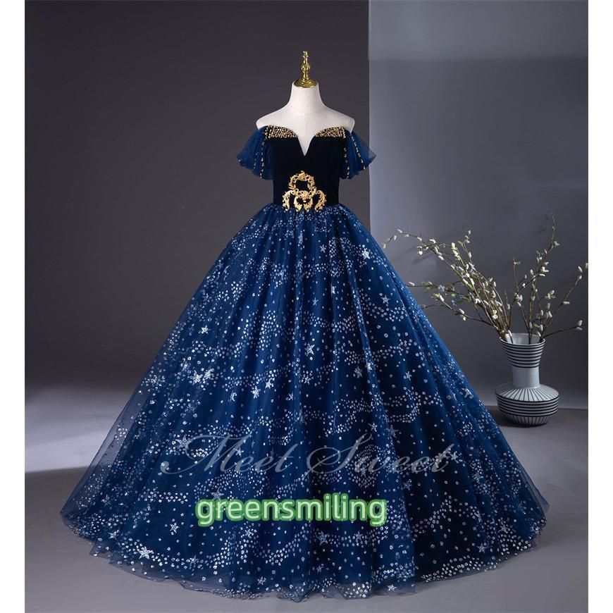 ドレス Aラインドレス ネイビー オフショルダー 星柄 紺 ロングドレス ウェディングドレス 結婚式 二次会 花嫁 前撮り 演奏