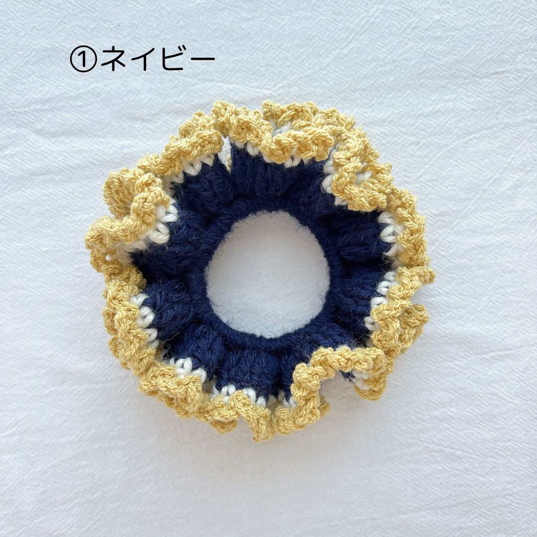 シュシュ ヘアゴム かぎ針編み コットンネイビー（手編み