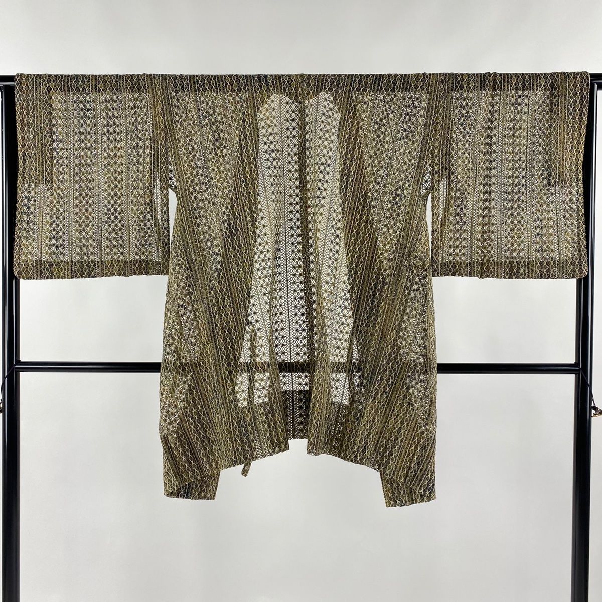 道中着 身丈88.5cm 裄丈65cm M 和装コート 縞 幾何学模様 茶緑色 正絹 秀品