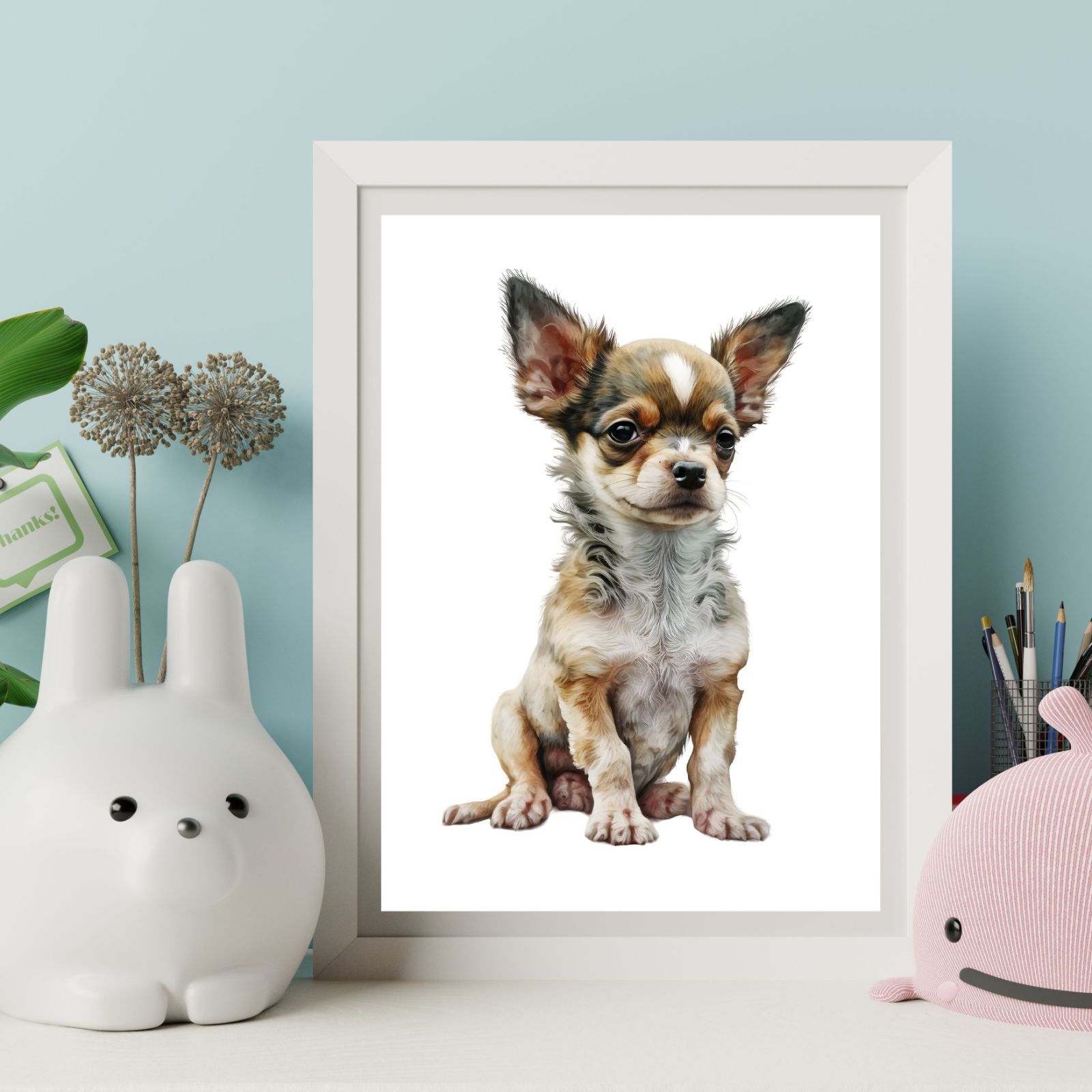 ✨特別価格【原画】『ジョルジュ西へ』（チワワ　パステル画　動物画　風景画） 紫色の背景に座っているチワワの水彩画。 | Premium AI生成