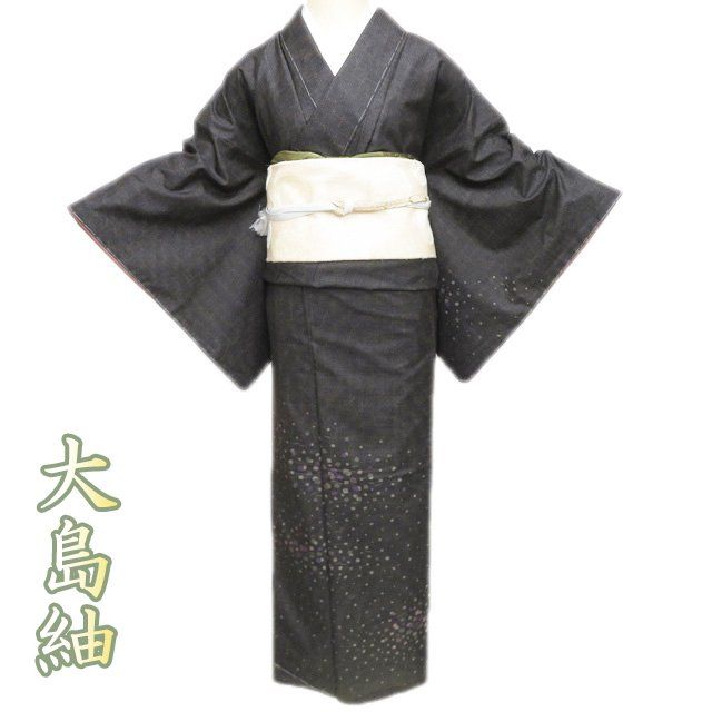 大島紬 着物 ♥ 正絹 袷 セミフォーマル 幾何学模様 枡模様 黒色 茶系色 多色 身丈168cm 裄67.5cm L トール きもの北條 A1279-6