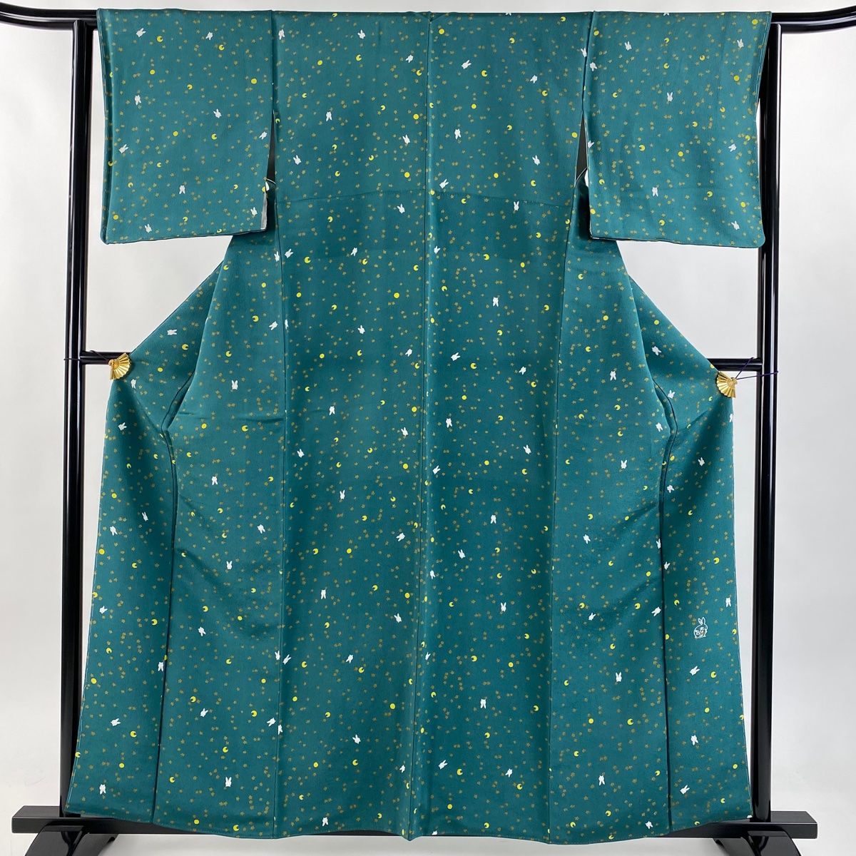 小紋 身丈158cm 裄丈63.5cm S 袷 ホリヒロシ 落款 月 うさぎ 縮緬 緑 正絹