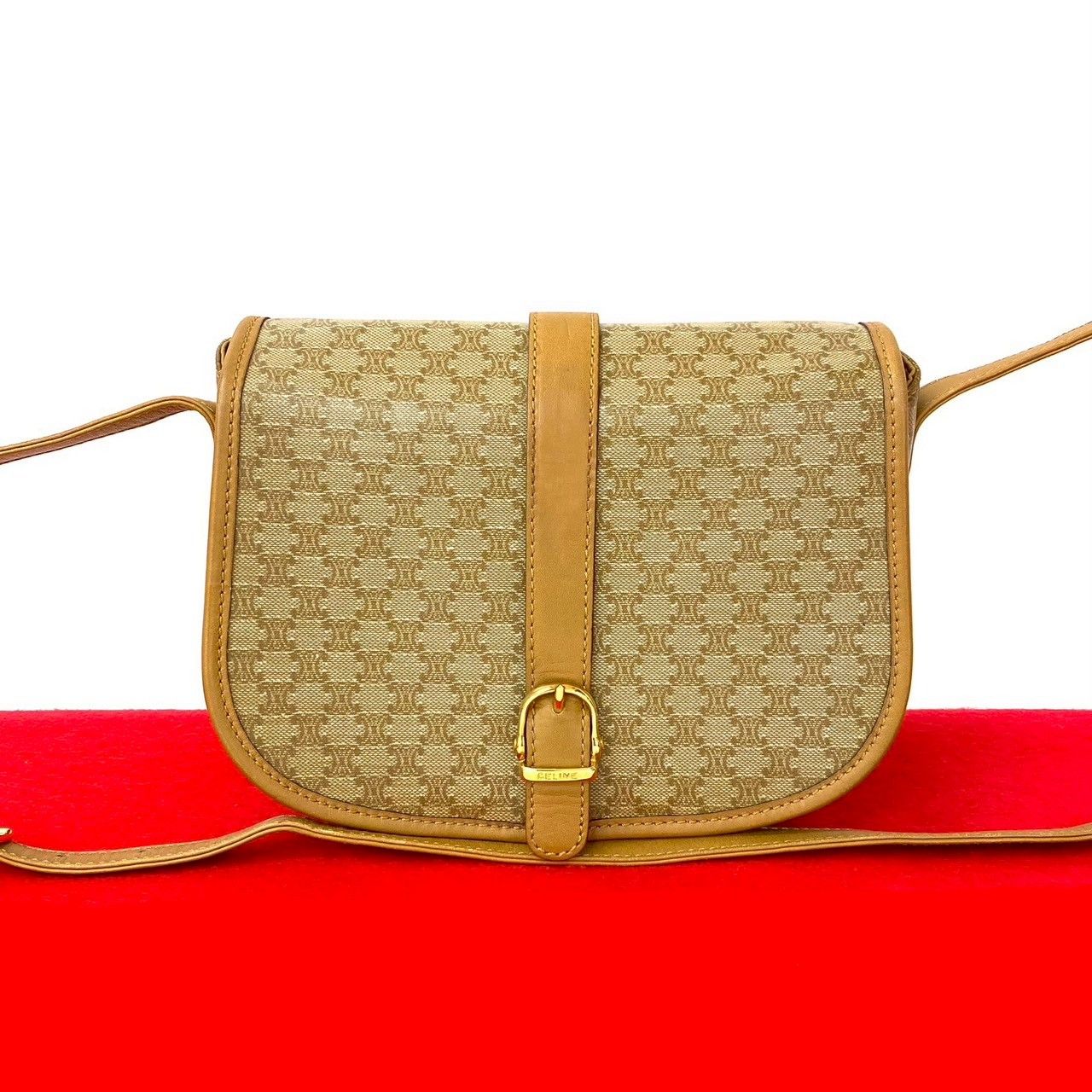 CELINE セリーヌ 本革 ショルダーバッグ ヴィンテージ ウッド×レザー CELINE 美品 セリーヌ ヴィンテージ マカダム ブラウン ゴールド