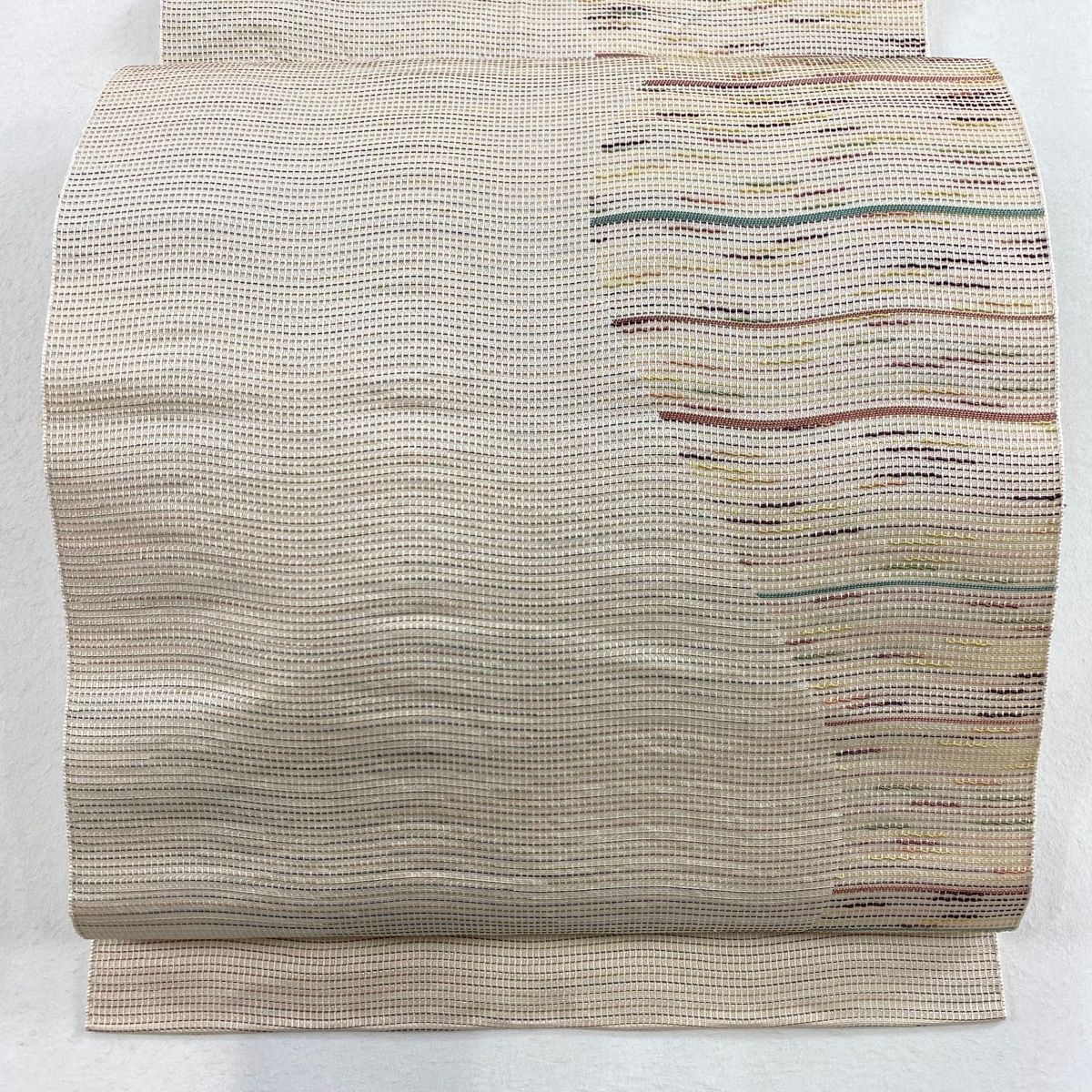 名古屋帯 秀品 八寸名古屋帯 よろけ縞 クリーム 正絹