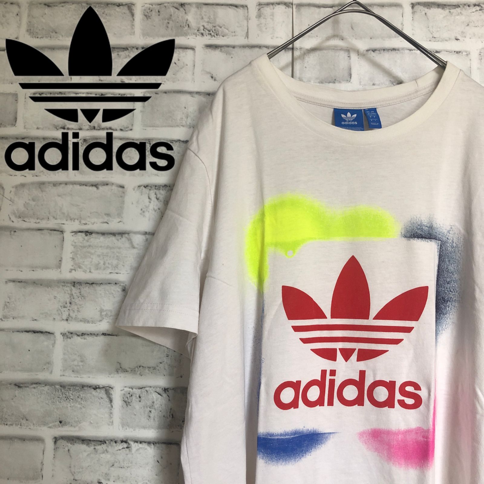 XL⭐️adidas アディダスオリジナルス ビッグトレファイルロゴ Tシャツ ホワイト×ピンク/ブルー