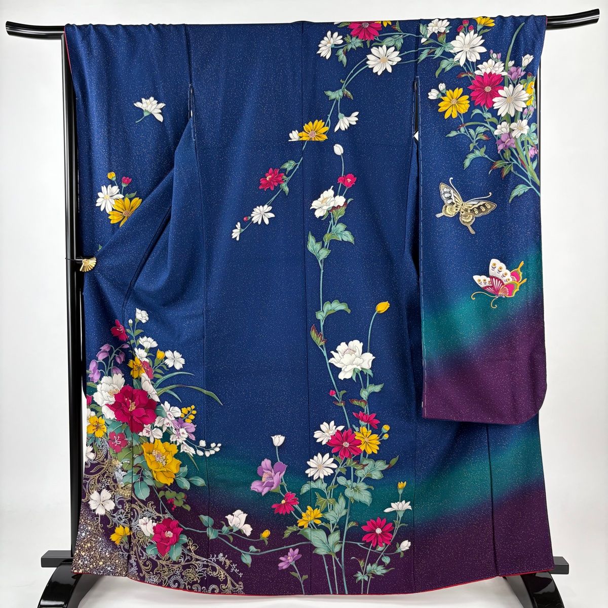 振袖 身丈166.5cm 裄丈68cm L 袷 牡丹 花唐草 金銀彩 ぼかし 紺色 正絹 秀品
