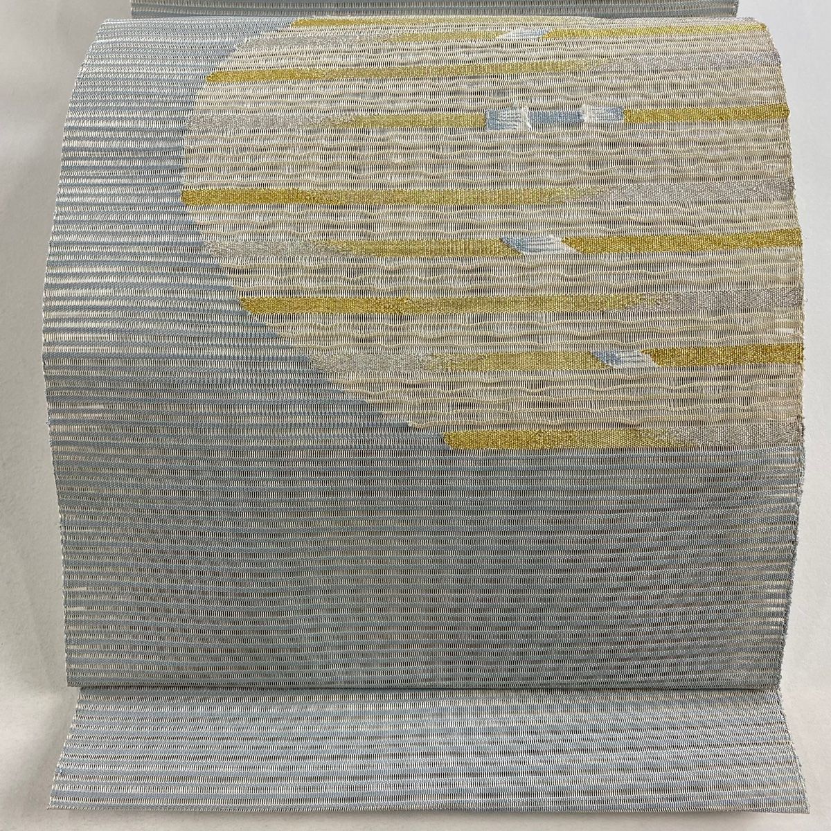 名古屋帯 秀品 夏帯 絽 八寸名古屋帯 縞 幾何学 金銀糸 青灰色 正絹