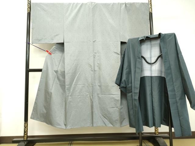 平和屋着物●男性 紬 羽織セット 灰青×褐返 京都きもの友禅扱い 正絹 DAAT1056tw