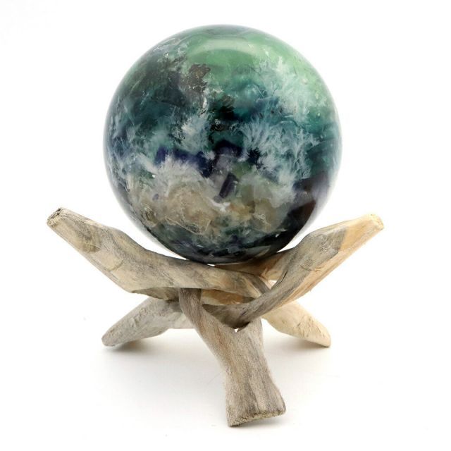 エンジェルフェザー フローライト 丸玉 人気 直径 約71mm 木製台座付き