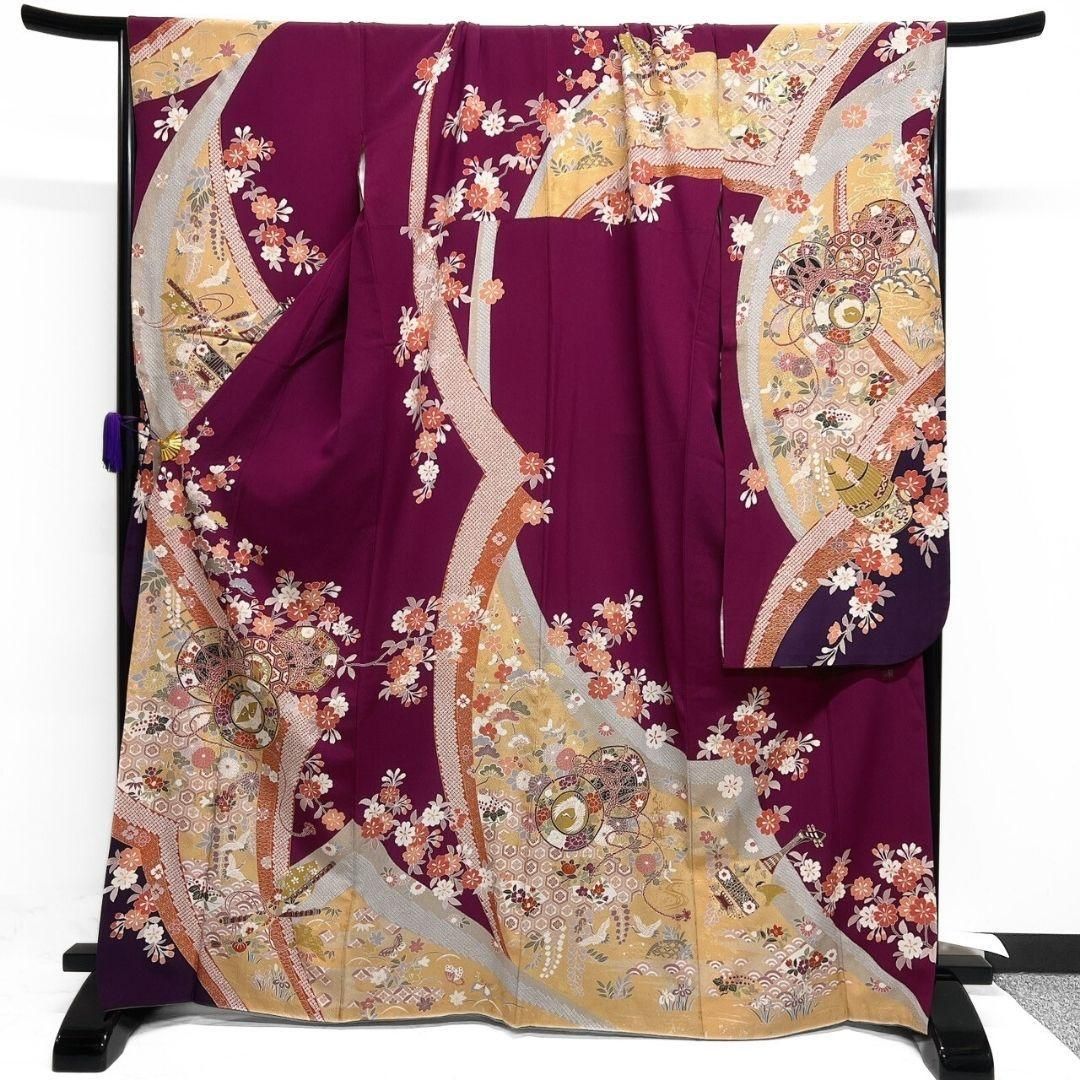 振袖 身丈162cm 裄丈70cm L 袷 草花 地紋 金彩 金糸 紫 正絹 秀品 【中古】