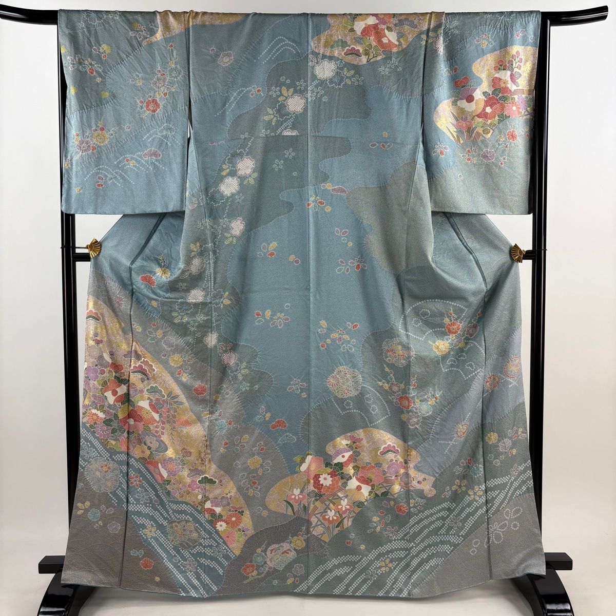 訪問着 身丈167cm 裄丈68.5cm L 袷 草花 流水 金彩 絞り 水色 正絹 名品