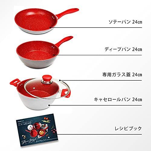 Flavor Stone(フレーバーストーン) 鍋フライパン4点セット レッド IH 