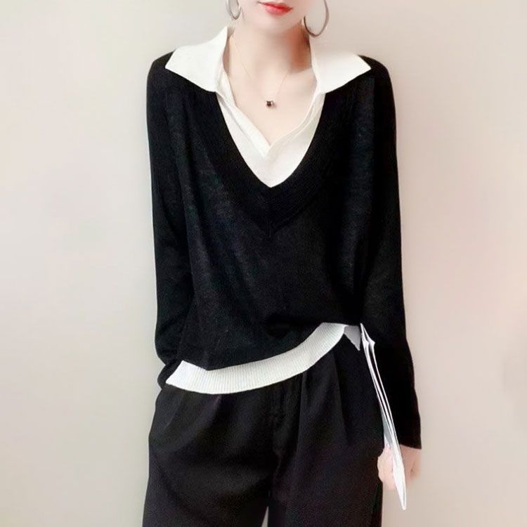 スキッパーネック フェイクレイヤードニット 重ね着風 ニットプルオーバー Tシャツ トップス サマーニット