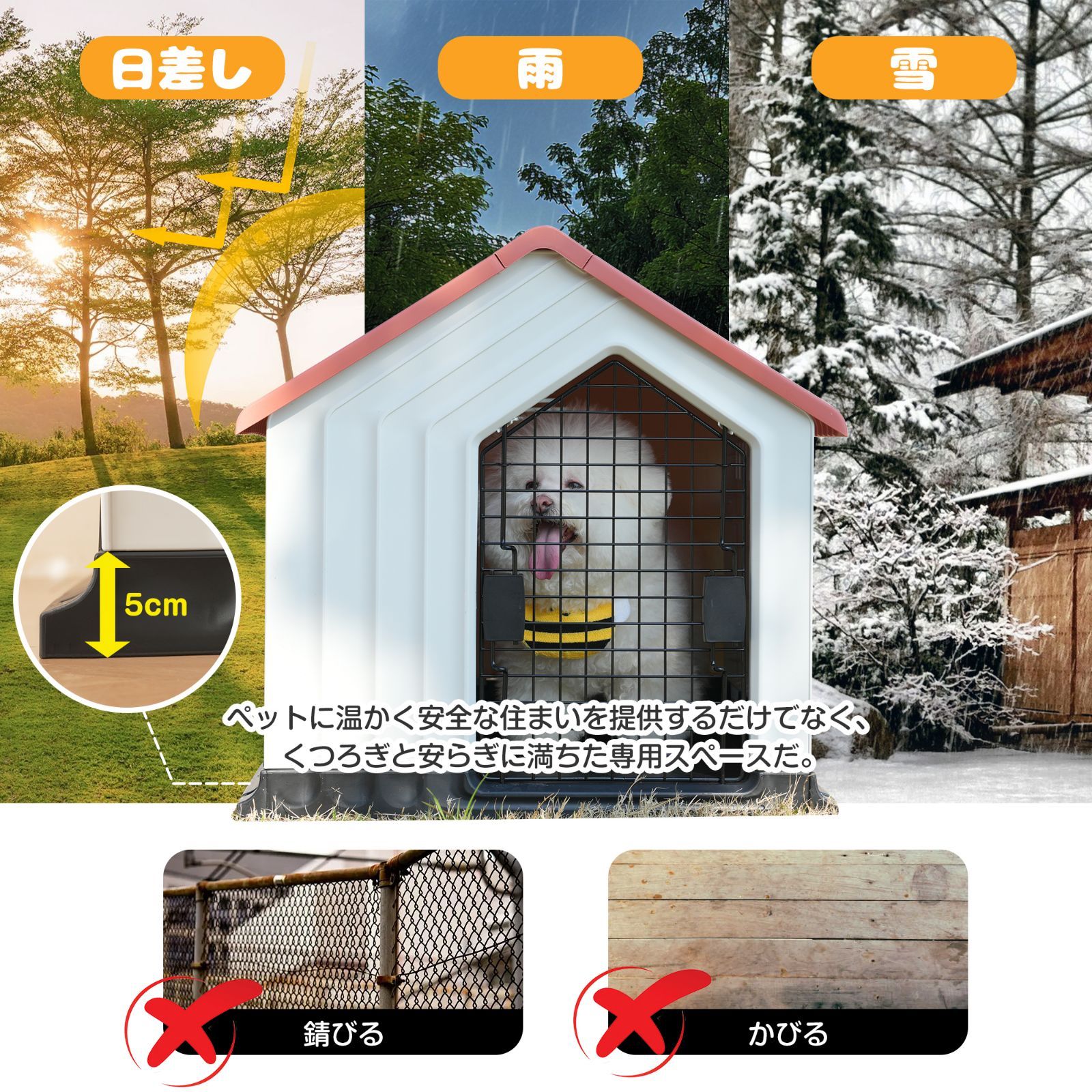 犬小屋 ペットハウス 犬 ハウス プラスチック ドッグハウス 犬舎 屋内 屋外 小型犬 中型犬 大型犬 ドア付き 防雨 換気 軽量 全天候型 オールシーズン 洗える サビない 組み立て簡単 M