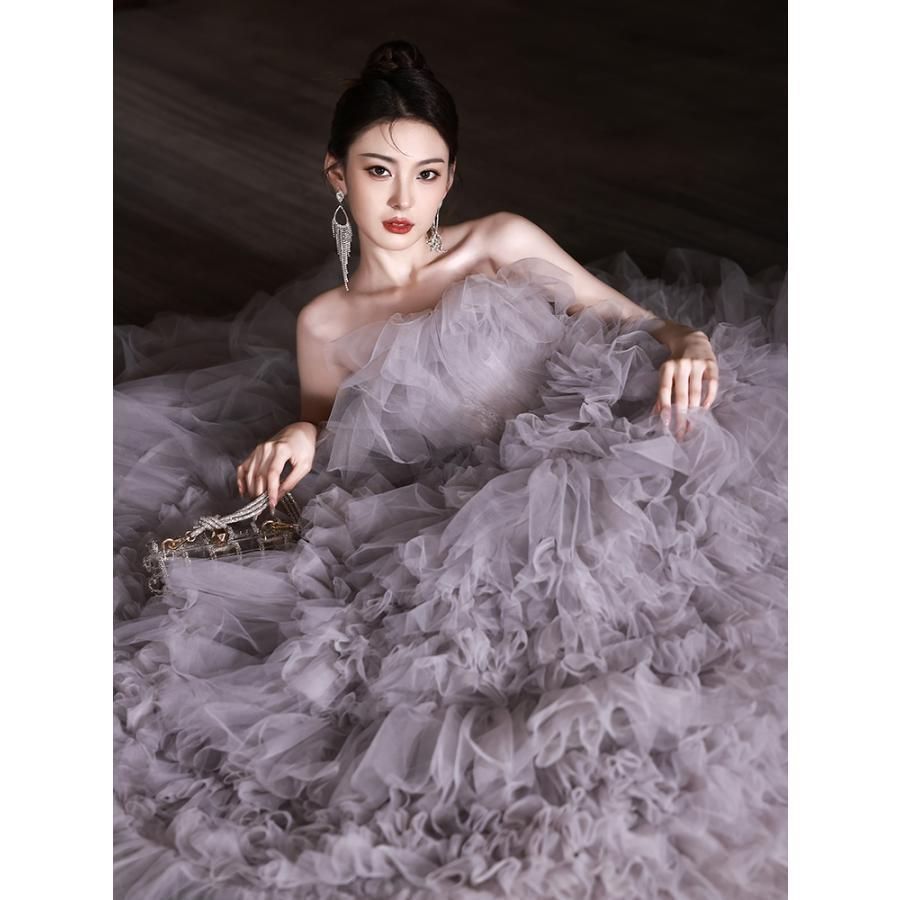 カラードレス ロングドレス プリンセスドレス グレー フリル