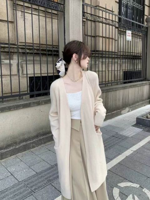 種類15：ベージュ/XL トップス アウター デート セーター カーディガン 上着 ロング ロング丈 ミディアム丈 袖あり 長袖 ボリューム袖 フレアスリーブ フレンチスリーブ 萌袖 襟なし フレア セミフレア 細身 ストレート ワイド Iライン スマート 前