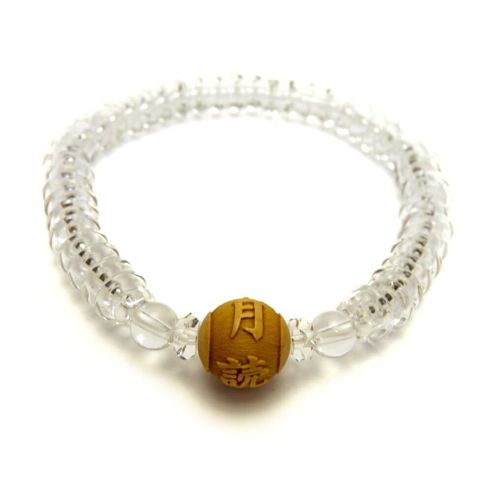 神様 月読命（つくよみのみこと）柘植玉 彫刻ビーズ 12mm 水晶ボタン型 ブレスレット  ご縁の仏様カスタマイズブレスレット（大黒天／千手観音菩薩／両界曼荼羅／愛染明王／薬師三尊） – 天然石の店 ふうちゃん