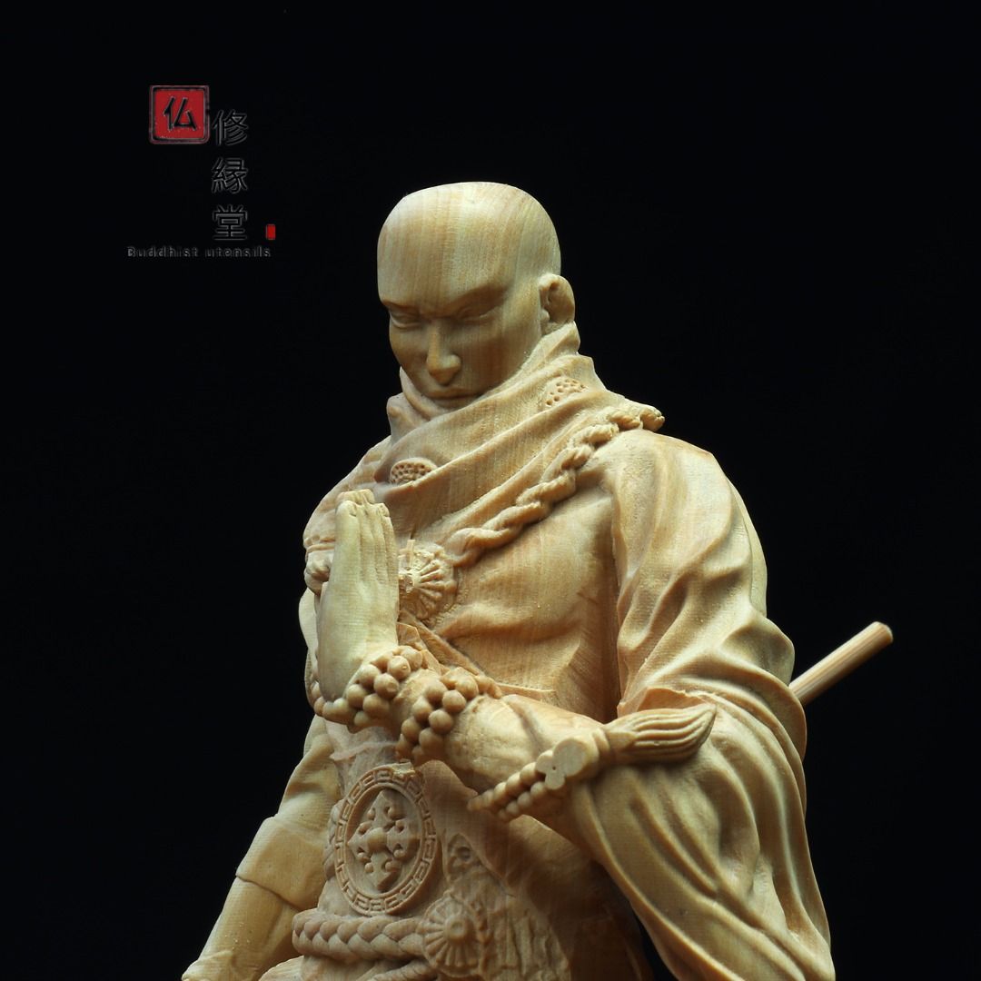 【修縁堂】木彫り 禅意 武僧立像 勝運置物 彫刻 仏教工芸 柘植材 仏師で仕上げ 修縁堂】木彫り 禅意 武僧立像 勝運置物 彫刻 仏教工芸 柘植材