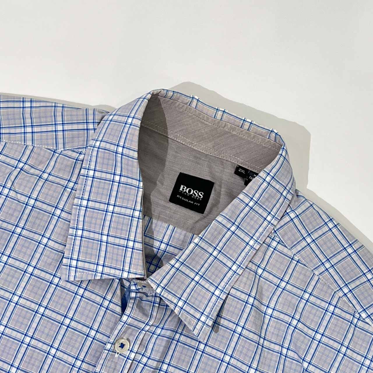 BOSS ボス REGULAR FIT マチ付き チェック 長袖シャツ 2XL/ブルー系 メンズ