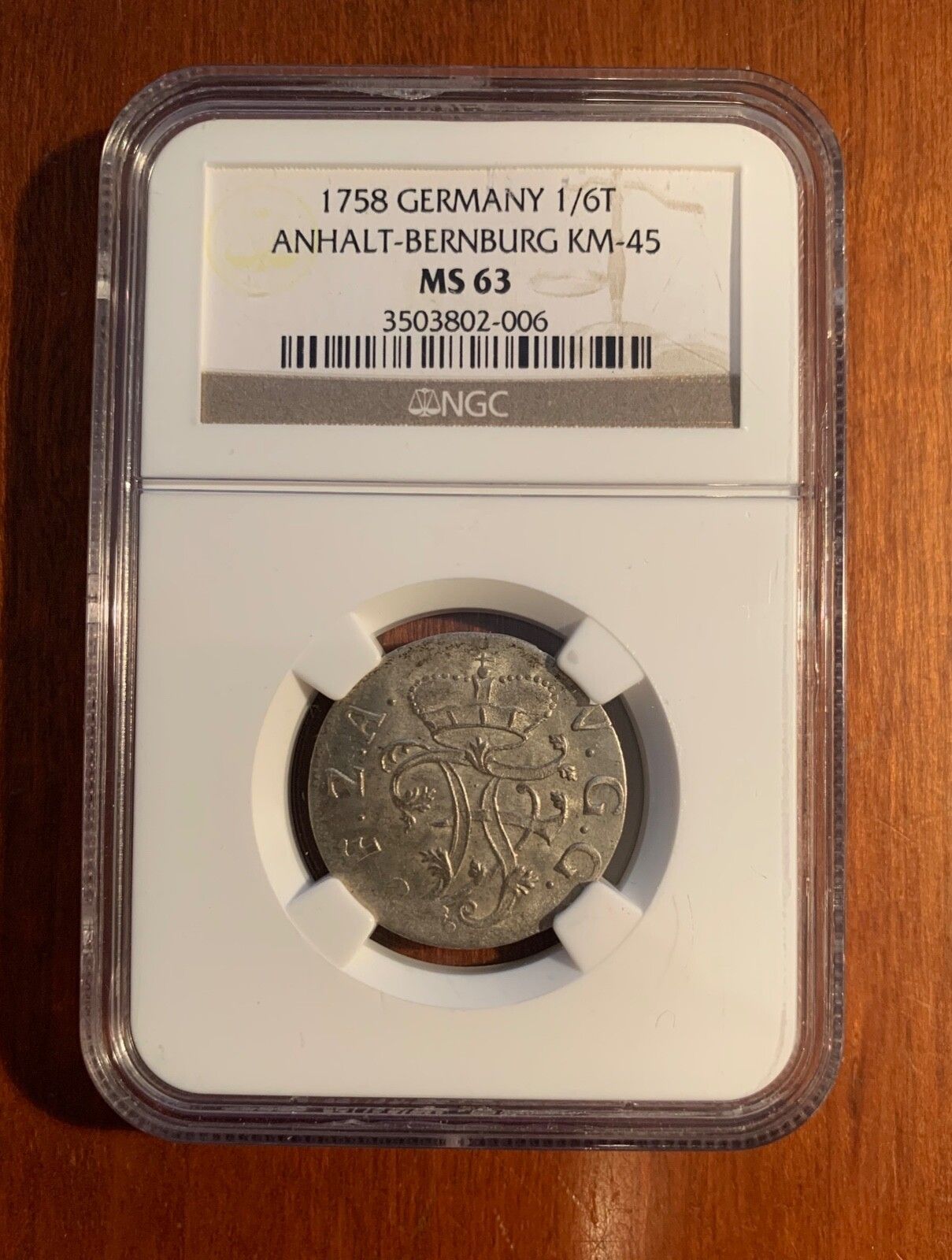 GERMAN STATES-ANHALT-BERNBURG 1758 1|6 TALER CHOICE UNCIRCULATED CERTIFIED MS63