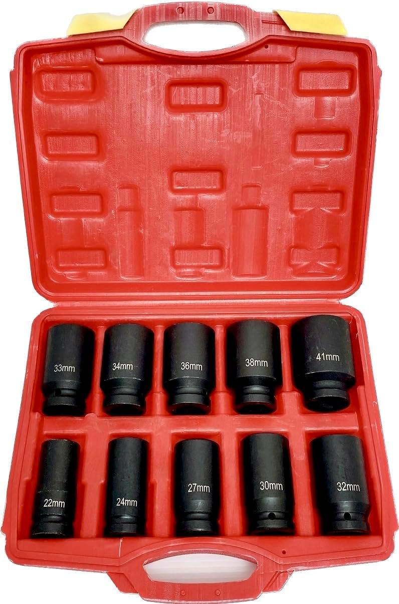 elfoLiz 六角 インパクトソケット ディープソケット ハブロックナット 差込角 19mm 3|4インチ 10本セット 収納ケース付き 工具 自動車整備 グレー