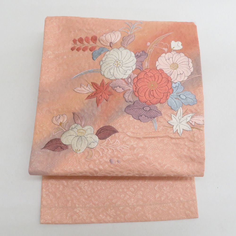 作家物 ホリヒロシ 桜模様 橙色 縮緬 金糸 太鼓 正絹 洒落帯 名古屋帯 作家物 ホリヒロシ 桜模様 橙色 縮緬 金糸 太鼓 正絹 洒落帯