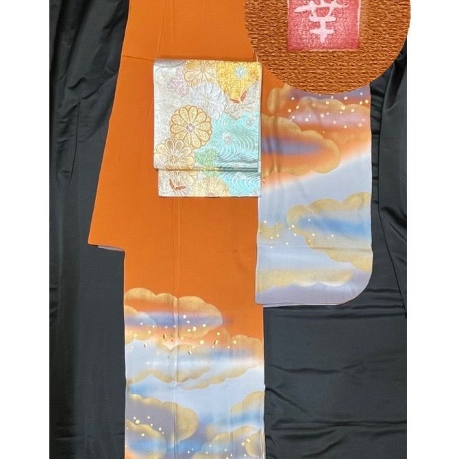 豪華絢爛綺麗美品トールサイズ身丈170cm裄丈70cmオレンジ振袖☆花井 