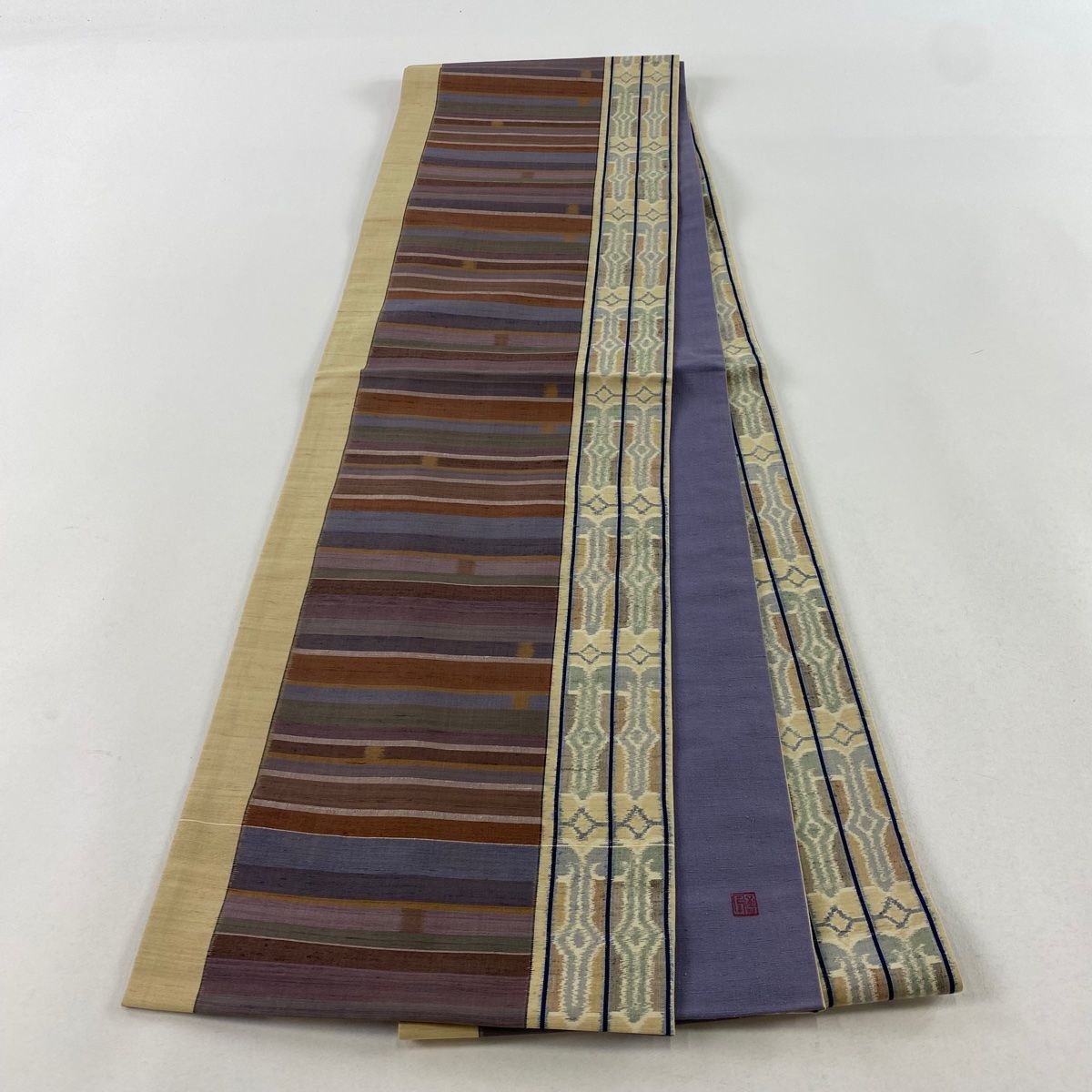 袋帯 美品 秀品 落款 紬地 縞 幾何学模様 ベージュ 全通 正絹